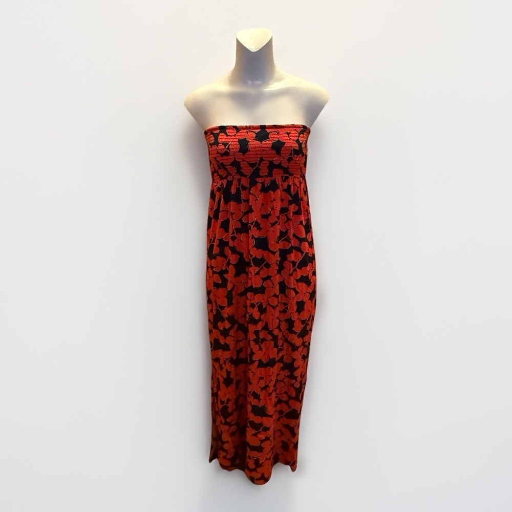 Gap Women's Strapless‎ Maxi Dress Small Red Floral Smocked Boho Beach Swim Cover - Picture 2 of 12